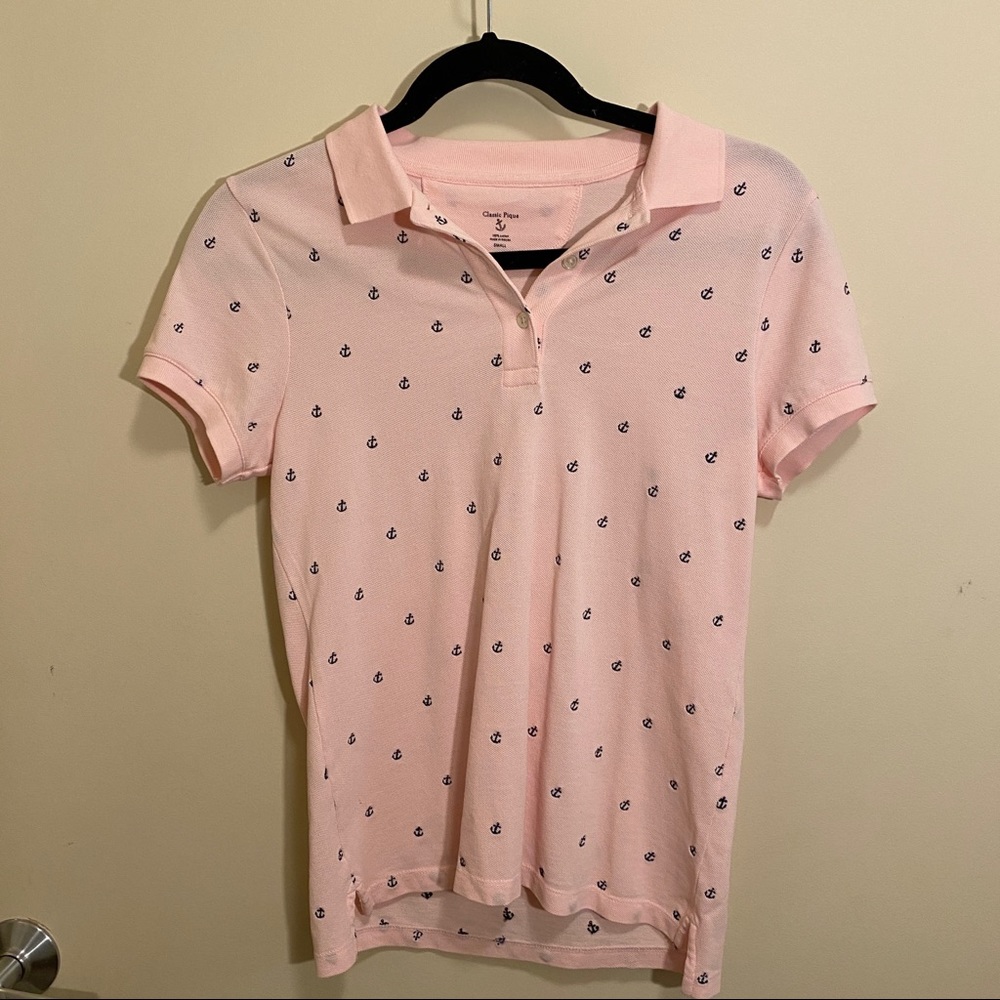 J.Crew Classic Pique Pink Anchor Embroidered Polo Shirt Nautical Small